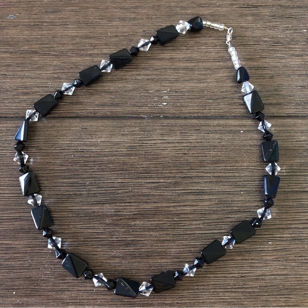 Handmade black and clear glass bead necklace